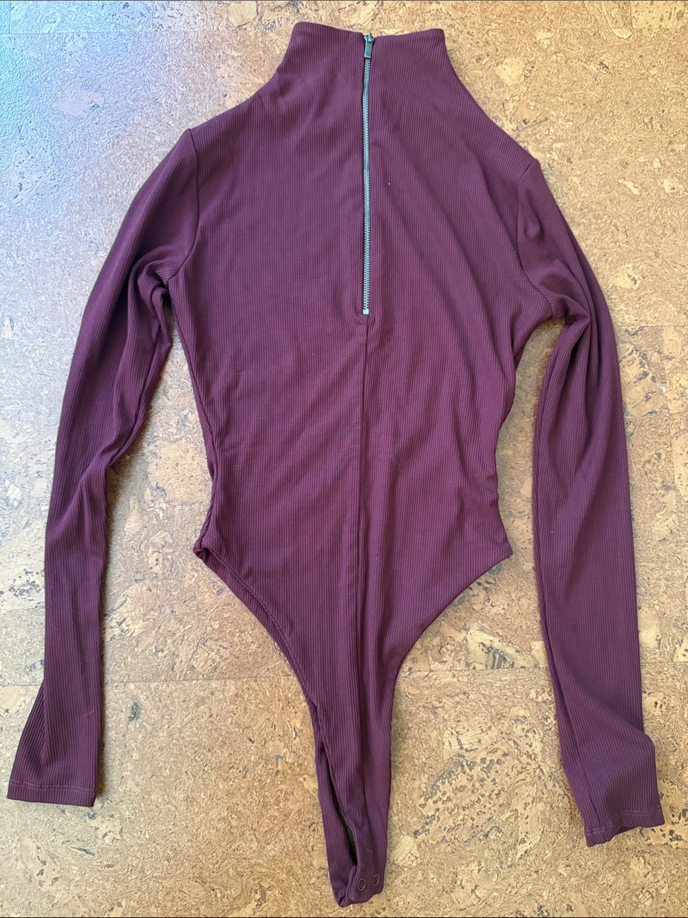 Naked Wardrobe Ribbed Zip-Front Long-Sleeve Bodysuit in Burgundy NWT - M